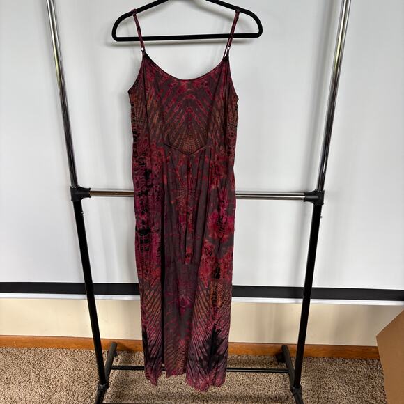Bohemian Tie Dye Red Rayon Flowy Maxi Dress Adjustable Hippie Gypsy Festival - Picture 5 of 10